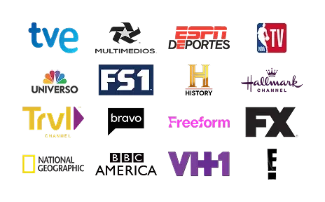 logos for TVE, Multimedios, ESPN Deportes, NBA TV, Universo, FS1, History, Hallmark Channel, Travel Channel, Bravo, Freeform, FX, National Geographic, BBC America, Vh1, E!